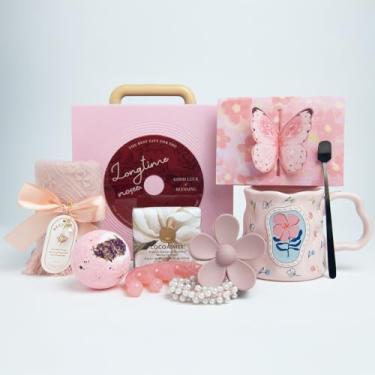 Imagem de KUNWVLO Presentes de aniversário para mulheres, presentes de mãe, cestas de presente para mulheres - Caixa de presente de flanela de luxo com caneca de café | Presentes de Natal e inauguração de casa