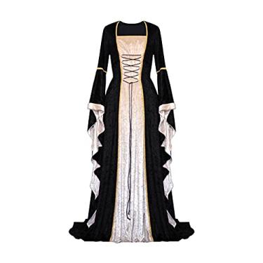 Imagem de Xplanet Vestido Renascentista Fantasia Feminina Medieval Faire Halloween Cosplay Veludo Retrô Gótico Vestido Longo, Preto, 4G
