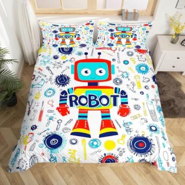 Imagem de Erosebridal Jogo de cama solteiro com estampa de robô colorido para crianças, adolescentes, espaço sideral, capa de edredom kawaii, para quarto