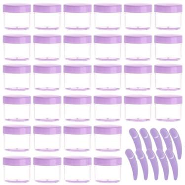 Imagem de 100 pacotes de 20 gramas de recipiente roxo para maquiagem com tampas e 10 unidades de espátula cosmética em pó acrílico vazio