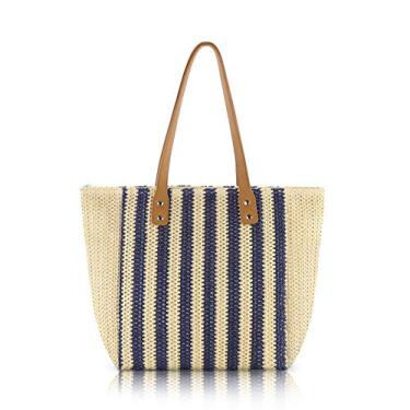 Imagem de QTKJ Bolsa feminina de verão listrada de palha macia de palha para praia, bolsa de mão grande com alça de ombro de couro bolsa de ombro (Bege e Azul)