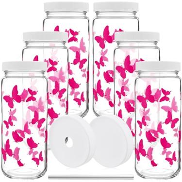 Imagem de Yetene 6 conjuntos de garrafas de suco de vidro de 473 ml com tampas, copos de borboleta rosa reutilizáveis, recipientes de água portáteis com canudos para sucos, café, vitaminas, kombucha