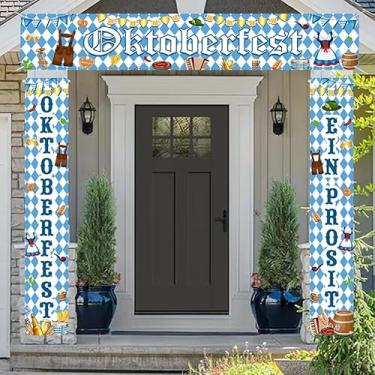 Imagem de AIBIIN 3 peças de decorações de outono Oktoberfest banner para festa de festival de cerveja bávaro alemão, placa de varanda de xadrez bávaro para ambientes internos e externos