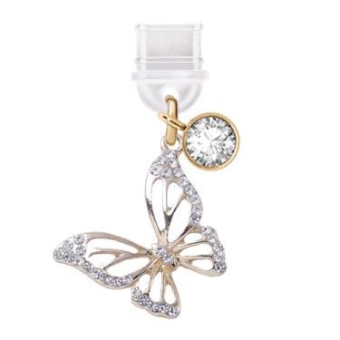 Imagem de ELISE & FONDA TP851 Porta de carregamento tipo C plugue antipoeira pequena borboleta de cristal pingente de celular para iPhone 15/16/Samsung/OnePlus/Xiaomi/oppo telefones Android (dourado)