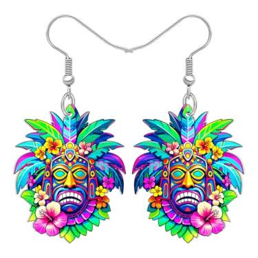 Imagem de DALANE Linda máscara havaiana de acrílico Tiki 5 horas em algum lugar brincos pendentes para mulheres, flores tropicais coloridas de hibisco, joias de praia, presentes boêmios para amantes de praia