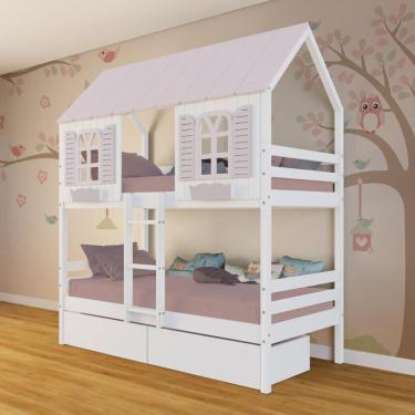 Imagem de Beliche Casinha Bela com 2 Gavetas - Madeira Maciça Branco/Rosa | Megamobilia