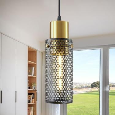 Imagem de Omgomne Luminárias pendentes modernas, lapms pendentes de cilindro dourado com malha de ferro, luminária suspensa de teto de metal ajustável para cozinha ilha sala de jantar barra de entrada 1 luz