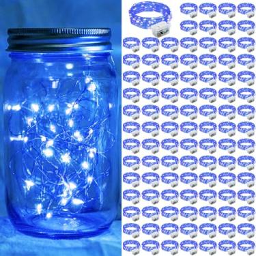 Imagem de chzk Pacote com 100 luzes de fadas de LED azuis operadas a pilha, 20 cm, mini cordão de luzes à prova d'água, luzes cintilantes, luzes de lua estrelada para potes de pedreiro, casamento, festa de