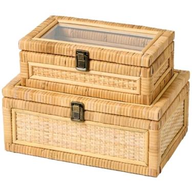 Imagem de VinneGenzz 2 peças caixa de vime com tampa transparente moldura de madeira decorativa feita à mão cestas de vime tecido boho cestos de bengala lembrança memória joias prateleira de mesa recipiente