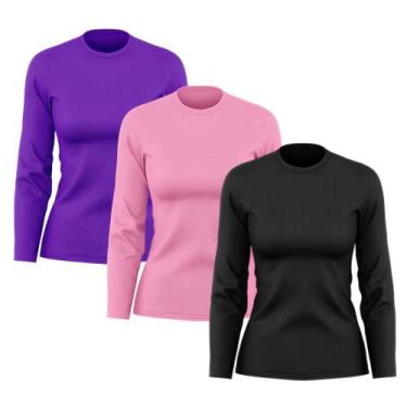Imagem de Kit 3 Camisetas Feminina Manga Longa Dry Fit Básica Lisa Proteção Sola