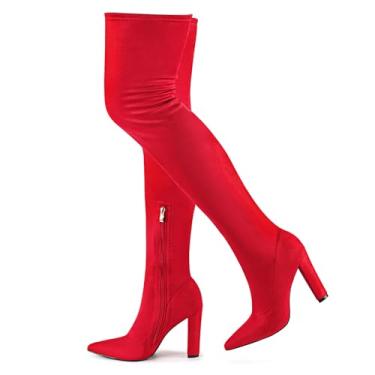 Imagem de Botas femininas de inverno acima do joelho, salto grosso, botas de cano alto, botas longas com zíper lateral, Camurça sintética vermelha, 10