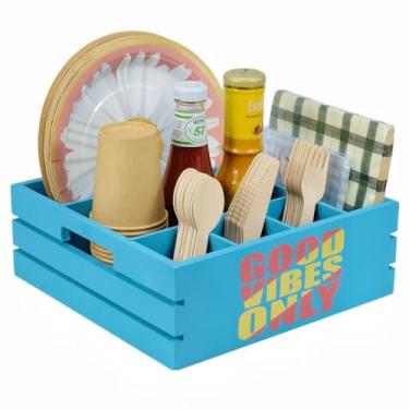 Imagem de Suporte de utensílios para festa de fazenda – Dispensador de prato de papel de guardanapo azul para bancada – Organizador de talheres para prato, copo, garfo, colher – organizador de talheres para
