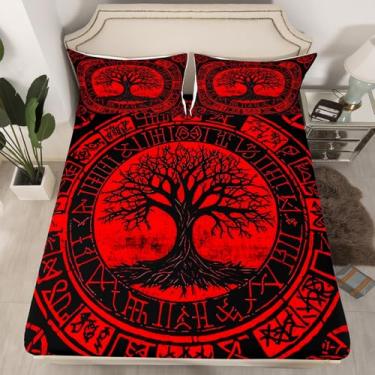 Imagem de Erosebridal Jogo de cama viking nórdico misterioso árvore da vida antigo viking medieval náutico misterioso runa misteriosa lençol Queen para adultos e homens