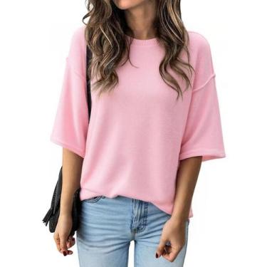 Imagem de Suéter feminino Cicy Bell de tamanho grande, manga 3/4, tricotado rosa