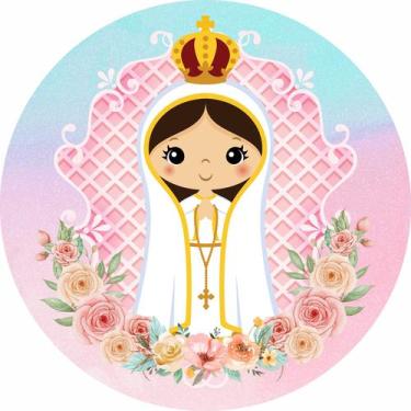 Imagem de Painel de Lona Redondo Nossa Senhora de Fátima Flores Fundo degradê - 