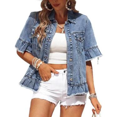 Imagem de Jaqueta jeans feminina Kedera, manga curta, babados, bainha azul, jean