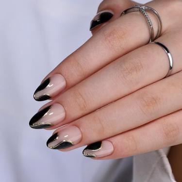 Imagem de RTKHFZE Pregos curtos de pressão com ponta francesa - unhas de amêndoa, design curto com folha dourada, cola em unhas para mulheres, ajuste natural reutilizável em 16 tamanhos - Kit de 32 unhas
