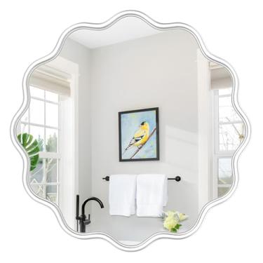 Imagem de PROHOMEWARE Espelho redondo branco 28 polegadas ondulado espelho de banheiro moldura branca espelho de parede moderno decorativo montagem na parede antiferrugem, vidro temperado
