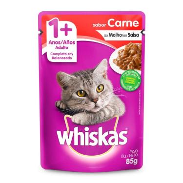 Imagem de Ração Úmida para Gatos Whiskas Adulto 1+ Anos Sabor Carne ao Molho em Sachê 85g