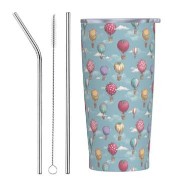 Imagem de LYEMVHE Copo de balão de ar quente com tampa e canudo 590 ml, caneca de viagem de aço inoxidável reutilizável, copo de café a vácuo de parede dupla para bebidas quentes e frias, copos portáteis à