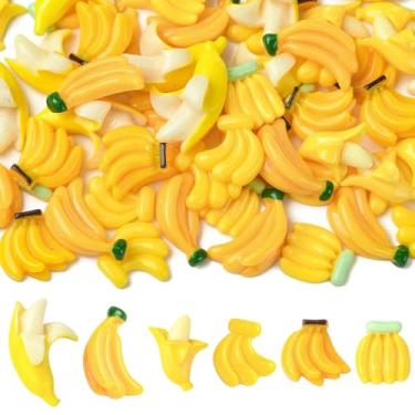 Imagem de Stiesy Miçangas fofas de resina geleca amarela bannana fruta cabochão sem furo contas planas em massa para artesanato faça você mesmo joias fazendo grampos de cabelo 60 peças 6 estilos