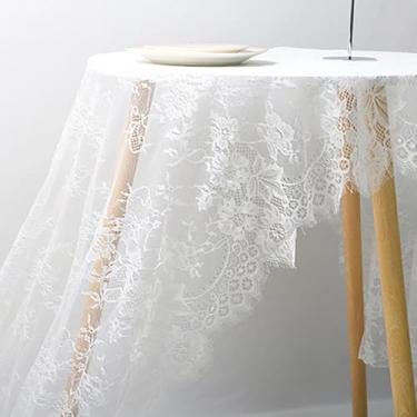 Imagem de Toalha de mesa de renda branca de 152 x 395 cm com estampa floral bordada, capa de mesa semitransparente com bordas recortadas, toalha de mesa retangular para recepção de casamento e decoração de