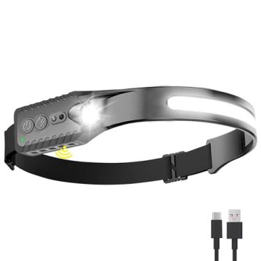 Imagem de Farol de LED recarregável (cinza), 400 lúmens, feixe largo de 230°, USB-C, IPX4, 5 modos — faixa de cabeça leve e ajustável; clipes rígidos para acampamento, caminhada, corrida e reparos