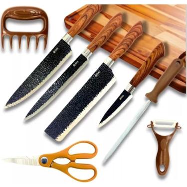 Imagem de Kit de Facas Churrasco 8 Peças Aço Inoxidável | Cutelo Garra Carne Amolador Tesoura e Descascador