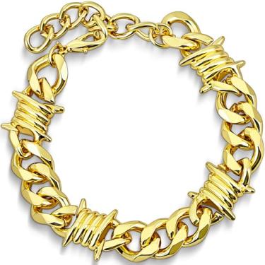 Imagem de LuxGoth Pulseira de corrente de arame farpado de aço inoxidável com espinhos de elos cubanos ajustáveis e grossos, estilo gótico, punk rock, motociclista, vintage, viking, amêndoas, joia para homens e
