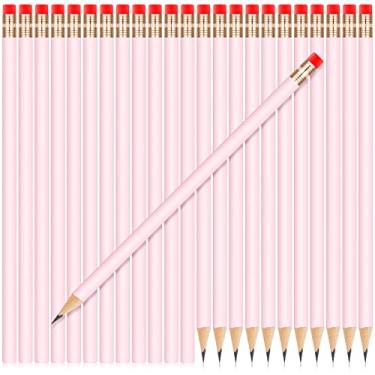 Imagem de 48 peças de lápis redondos de madeira 2 lápis HB com borracha vermelha lápis legais em branco para crianças lápis personalizados de madeira lápis não apontado para desenho escolar esboço materiais de escritório de casamento (rosa claro)