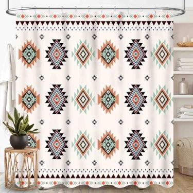 Imagem de Cortina de chuveiro asteca para banheiro, boho sudoeste Natvie tribal americano étnico ocidental abstrato geométrico vintage retrô azul-petróleo conjunto de cortina de chuveiro com ganchos, 183 cm x