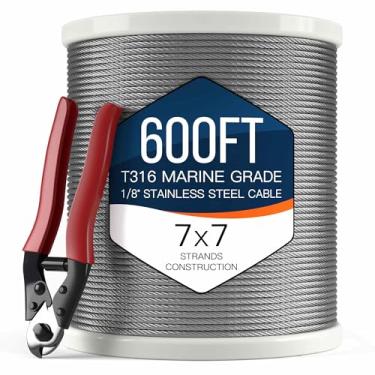 Imagem de Cabo de aço inoxidável Nutype T316 de 1/8 polegada, cabo de aeronave para trilhos de baralho, núcleo de 7 x 7 fios, 600 pés, vem com cortador