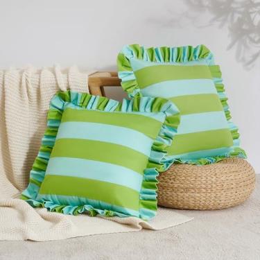 Imagem de MONDAY MOOSE Capas de almofada decorativas, conjunto de 2 designs listrados resistentes à água com borda de babados para uso externo/interno, enchimentos de travesseiro não incluídos (verde claro/azul