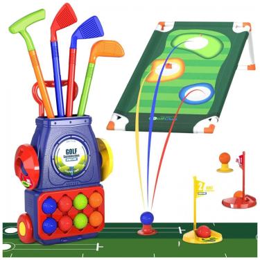 Imagem de Conjunto de Tacos de Golfe Infantil com 8 Bolas, Tapete e Carrinho com Rodas, QDRAGON, Azul