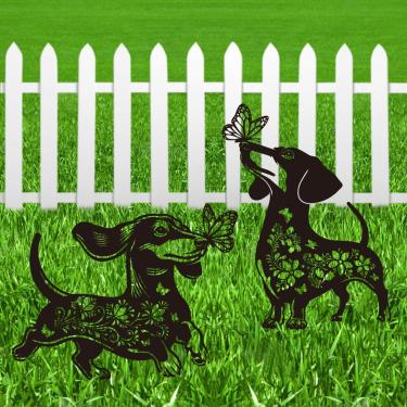 Imagem de Riletese Dachshund Estaca de jardim para decoração de quintal ao ar livre – Conjunto de 2 enfeites de gramado de cachorro de salsicha de metal, presente fofo para amantes de cães para mulheres e