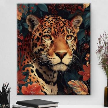 Imagem de Arte de parede botânica majestosa jaguar vintage emoldurada - Decoração de parede com flores escuras Academia para quarto, sala de estar, casa, 20,3 x 25,4 cm