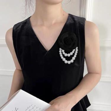 Imagem de 1 pç Preto Pequeno Estilo Perfumado Flor Flor Coreana Retro Requintado Broche de Flor de Camélia Pérola Pulseira Broche de Miçanga Dupla Utilização