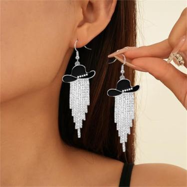 Imagem de Brincos pendentes com borla de strass e chapéu esmaltado de cowgirl ocidental para shows country brilhantes rodeio cowboy roupas joias presente, Middle, Liga de aço, Sem pedra preciosa