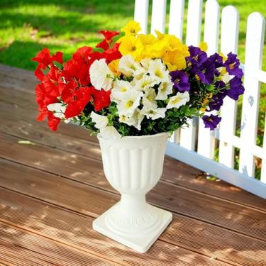 Imagem de Aisamco Flores de seda artificial para decoração ao ar livre, 12 pacotes de flores falsas, glória da manhã colorida com eucalipto, plantas falsas, vegetação, resistente a UV, para plantador de porta