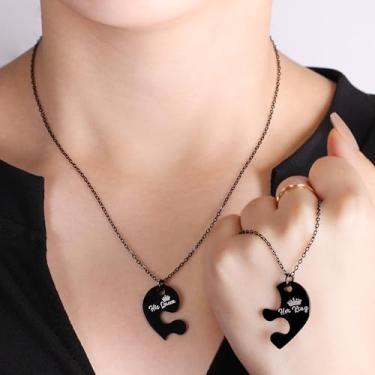 Imagem de Conjunto de 2 peças de colar romântico para casais "Her King & His Queen", em aço inoxidável, clássico, coração, quebra-cabeça para homens e mulheres, Adjustable, Aço inoxidável, Sem Pedra Preciosa