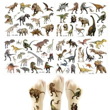 Imagem de 4 folhas, tatuagens temporárias de dinossauro, tatuagens pré-cortadas em 3D, adesivos de tatuagens pré-cortadas de dinossauro, prêmios e presentes de recompensas escolares