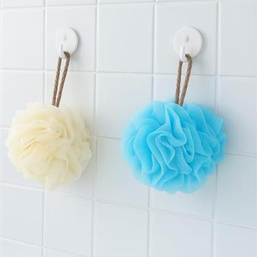 Imagem de Esponja de bucha, esponja de banho de malha macia para chuveiro, bucha para mulheres, 50 g, esponja de banho para mulheres, acessórios de chuveiro, 2 peças (branco + azul)