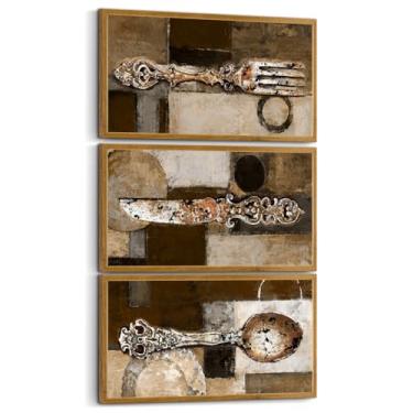 Imagem de sechars Decoração de cozinha marrom vintage garfo e colher arte de parede 3 peças pintura geométrica abstrata impressão em tela casa de fazenda decoração de sala de jantar
