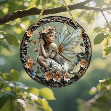 Imagem de Acrílico colorido Suncatcher, fada entre flores em janela suspensa de 18 cm, decoração de arte de parede com design de vitral impresso, ideia de presente e ornamento de jardim, uso interno e externo