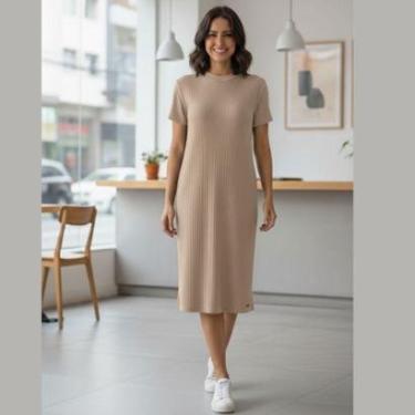 Imagem de Vestido Canelado Curto com Manga Curta e Gola Redonda Cereja Rosa-Feminino