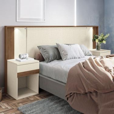 Imagem de Cabeceira Casal Tennesse 2 Gavetas Ripado com Led Jatoba/Areia - Pnr Móveis