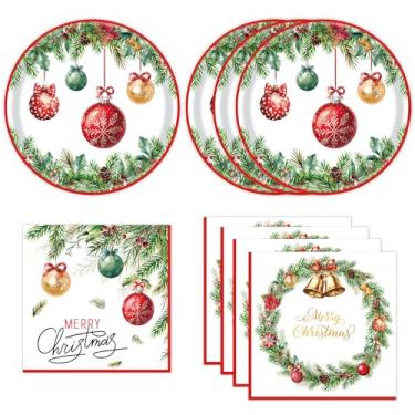 Imagem de 40 peças de pratos e guardanapos de papel de Natal, suprimentos de festa, bolas de Natal descartáveis, guardanapos, conjunto de louça para decoração de mesa de Natal com tema de férias de inverno