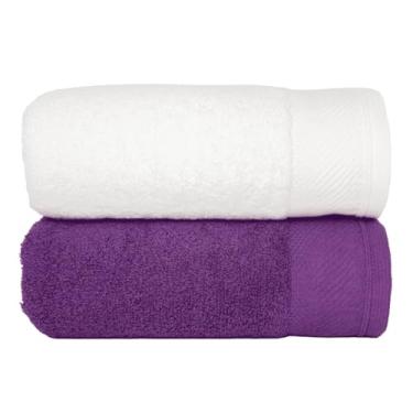 Imagem de Kit 2 Toalhas de Banho Grandes e Macias 100% Algodão Premium Eleganz 530g Alta Absorção e Conforto (Branco e Púrpura)