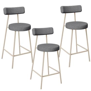 Imagem de Kit 03 Banquetas Baixa Cozinha Sala Jantar Bancada Milão Arena L02 Linho Cinza Escuro - Lyam Decor