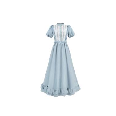 Imagem de CR ROLECOS Vestido eduardiano para mulheres, vestidos vitorianos dos anos 1800, fantasia renascentista medieval, conjunto de saia e blusa vitoriana, Azul, M